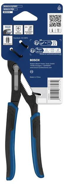 Bosch Professional Zangen Handwerkzeug auf blau-weiß bedruckter Produktverpackung, mit QR-Code, Barcode und Produktinformationsetiketten.