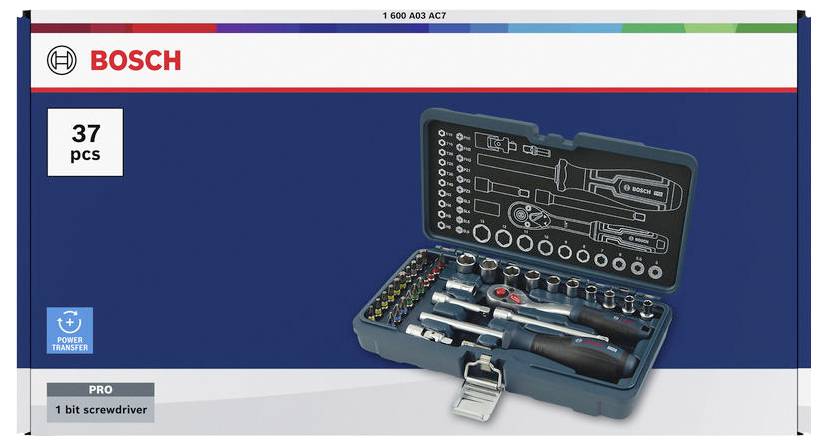 Bosch 37-teiliger 1-Bit-Schraubendreher-Satz in einem Koffer mit Schraubendreher, Bits und Stecknüssen, die auf der Verpackung angezeigt sind.