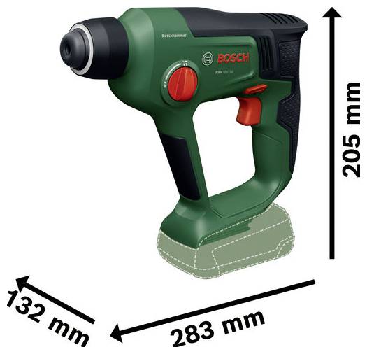 Bosch Akku-Schlagbohrmaschine Abbildung mit beschrifteten Abmessungen 283 mm Länge, 205 mm Höhe und 132 mm Breite.