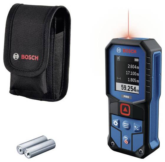 Bosch-Lasierentfernungsmesser mit roter Laserlinie und Transporttasche, abgebildet mit zwei Batterien.