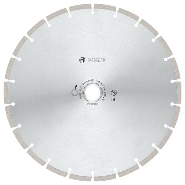 Bosch segmentierte Diamantsägeblatt mit kreisförmiger silberner Schneidscheibe und gleichmäßig verteilten gezahnten Randkanten.
