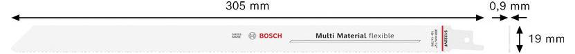 Bosch Mehrstoff-Flexibelsägeblatt, 305 mm lang und 19 mm breit, mit einer Stärke von 0,9 mm auf einem Produktetikett dargestellt.