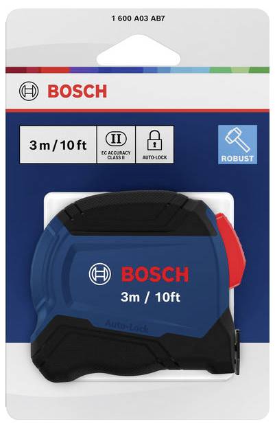 Bosch 3m/10ft Stahlmaßstab in blau-schwarzer Verpackung, gekennzeichnet mit „Genauigkeitsklasse II", „Auto-Lock" und „Robust".