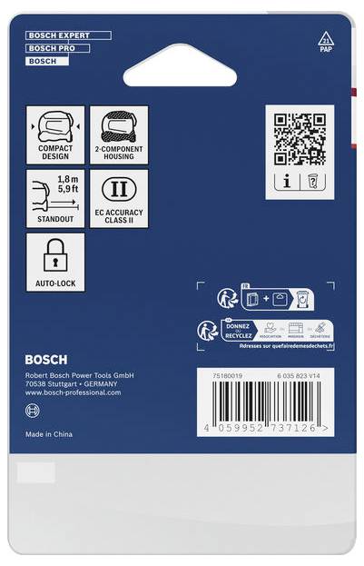 Bosch Professional Werkzeugverpackung Rückseite mit Produktmerkmalsymbolen, QR-Code, Barcode und Unternehmensdetails auf blauem Hintergrund.