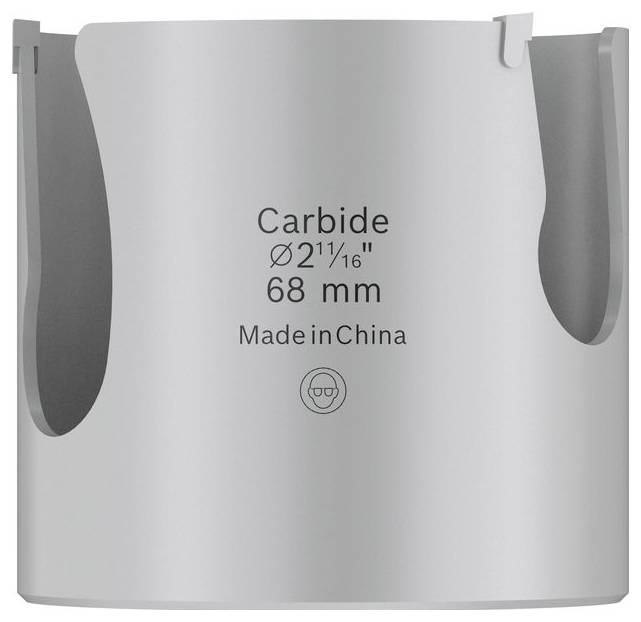 Nahaufnahme einer Hartmetall-Lochsäge mit den Aufschriften „Carbide", „2 11/16"", „68 mm" und „Made in China".