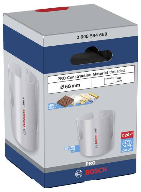 Bosch PRO Baustoffe Lochsäge mit Gewinde, 68 mm Durchmesser und 60 mm Tiefe, mit Produktbildern auf der Verpackung.