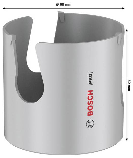 Bosch PRO Zylinderkronebohrer, 68 mm Durchmesser und 69 mm Höhe, gezeigt mit Ausschliffnuten und Produktbranding.