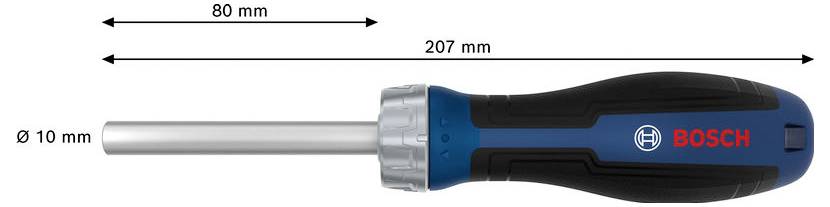 Bosch-Schraubendrehergriff mit Metallschaft, gekennzeichnet mit den Abmessungen 80 mm, 207 mm und 10 mm Durchmesser.