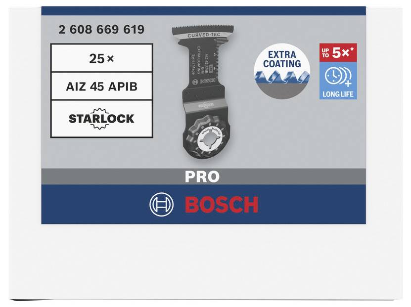 Bosch PRO-Verpackung für ein 25er-Set AIZ 45 APB Starlock-Multitool-Sägeblatt mit zusätzlicher Beschichtung und Langlebigkeits-Symbolen.
