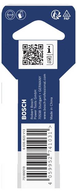 Bosch-Produktpaketaufkleber mit QR-Code, Strichcode, Recycling-Symbolen und Text „Bosch Professional" und „Made in China".