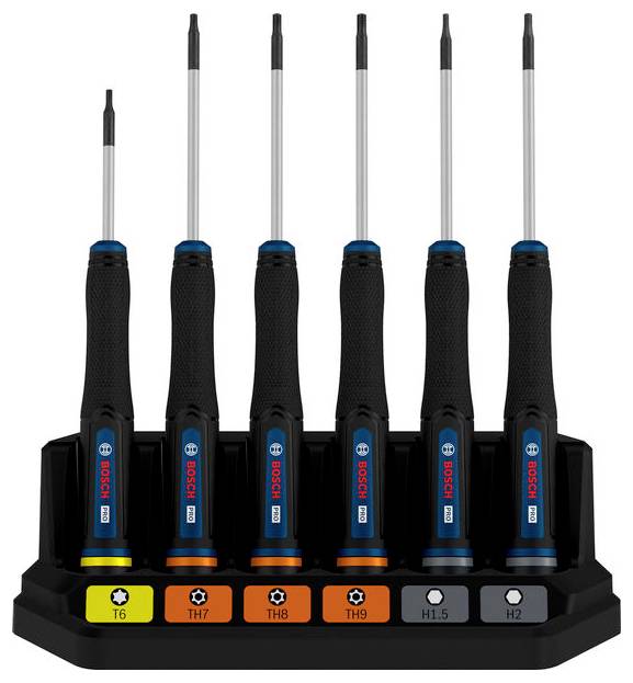 Werkzeughalter-Ständer mit sechs Bosch-Schraubendrehern in einem schwarzen Ständer, gekennzeichnet mit T6, TH7, TH8, TH9, H1,5 und H2.