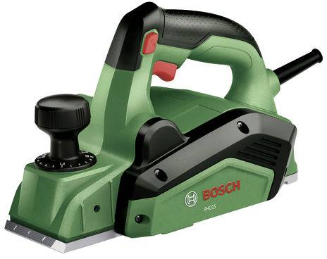 Grüner Bosch Elektro-Handhobel mit schwarzem Griff, vorderer Einstellknopf und freiliegender Messerbasis auf weißem Hintergrund.