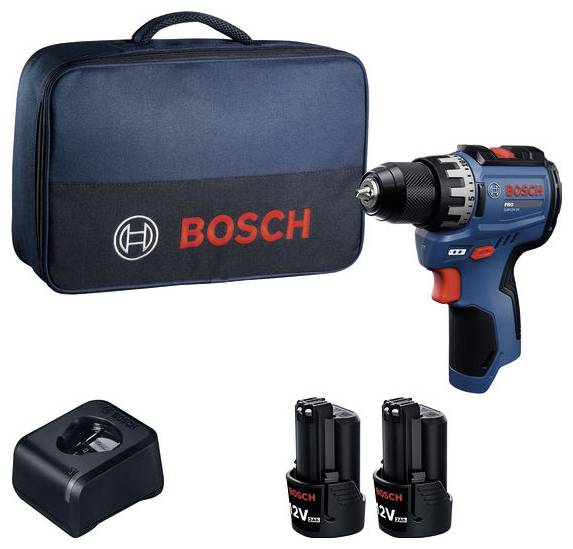 Bosch Akku-Bohrschrauber-Set mit Transportkoffer, Ladegerät und zwei 12V-Akkus auf weißem Hintergrund.