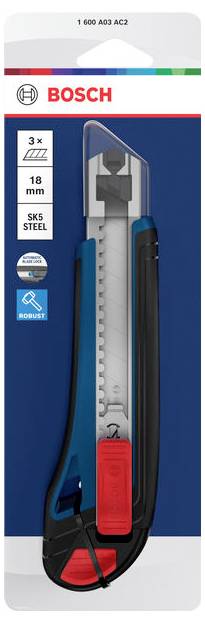 Bosch Cuttermesser-Verpackung mit 3x 18 mm SK5 Stahlklinge, mit einer Detailansicht des aufgeschnittenen Messers und rotem Griff auf blauem Hintergrund.