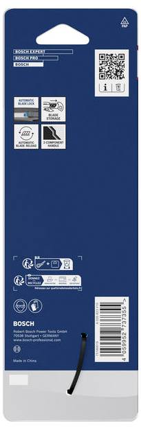 Bosch Elektrowerkzeuge hängbare Pappverpackung mit Produktetiketten, QR-Code, Barcode und Recycling-Symbolen auf einem blauen Vorderpanel.