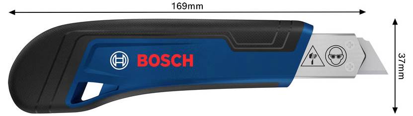 BOSCH einziehbares Universalmesser in Seitenansicht dargestellt, mit einer Länge von 169 mm und einer Höhe von 37 mm gekennzeichnet.