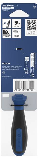 Bosch 5-in-1-Multitool-Zubehörpaket mit blau-weißem Kartonrücken, Produktmerkmale-Icons, QR-Code, Barcode und Aufhängevorrichtung.