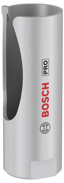 Silbernes Bosch Pro zylindrisches Werkzeugzubehör mit großem dunklem Ausschnitt/Schlitz und vertikalem rotem "BOSCH"-Branding.