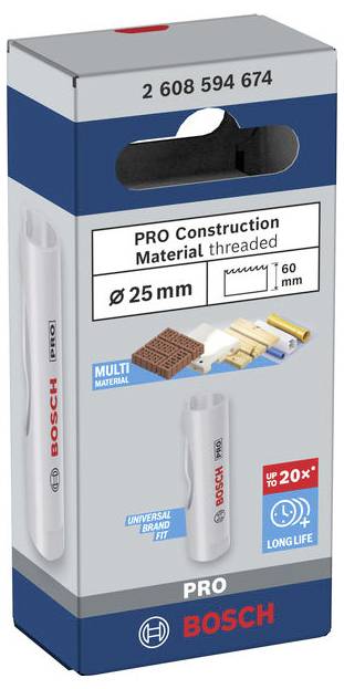 Bosch PRO Baustoff-Lochsäge mit Gewinde in einer Box, Größe Ø 25 mm mit Kompatibilität für Mehrschicht-Materialien und universelle Aufspannung, bis zu 20x längere Lebensdauer.