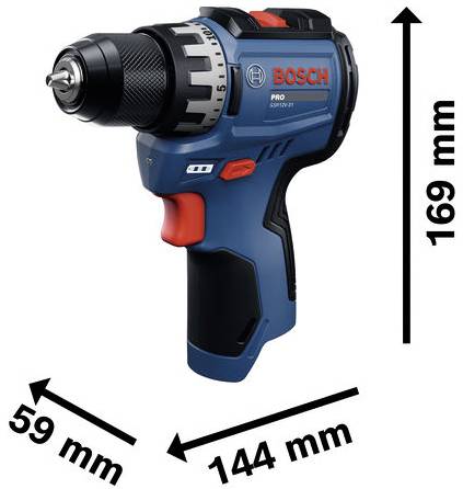 Bosch Akku-Bohrmaschine mit gekennzeichneten Abmessungen: 169 mm hoch, 144 mm lang und 59 mm breit.
