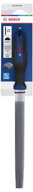 Bosch Handfeile Raspel mit blauem und schwarzem Griff, gezeigt in Produktverpackung auf blauem Hintergrund.
