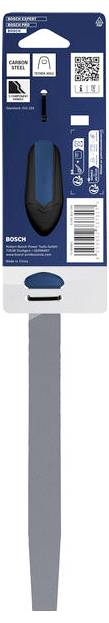 Bosch Spachtelblatt-Paket mit einer langen grauen Metallklinge, Aufhängeloch, QR-Code und Produktetiketten auf blau-weißer Verpackung.