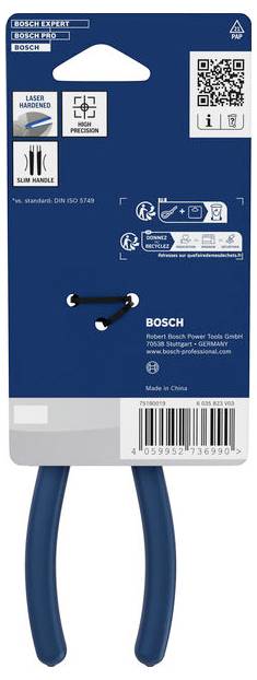 Blauer Bosch Professional Langzangen-Paket mit QR-Code, Produktsymbolen und ausgestanztem Aufhängehenkel.