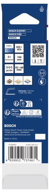 Bosch Expert Metallsägeblatt-Paket mit einem Sägeblatt für Edelstahl und Hartholz, mit QR-Code, Spezifikationen und Strichcode.