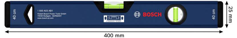 Bosch Wasserwaage 400 mm mit drei Libellen und Aufhängevorrichtungen, dargestellt mit Abmessungen von 400 mm Länge und 40 mm Höhe.