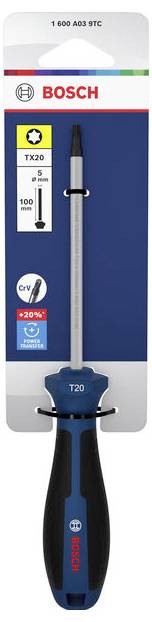 Bosch TX20 Schraubendreher mit blau-schwarzem Griff, gezeigt auf Einzelhandelsverpackung für einen T20 Torx-Bit.