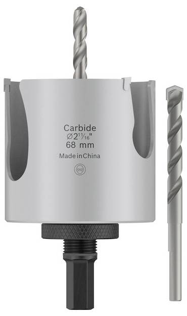 Hartmetall-Lochsäge-Set mit Zentrierbohrer, beschriftet mit „Hartmetall Ø2 1/16" 68 mm Made in China", gezeigt in Vorder- und Seitenansicht.
