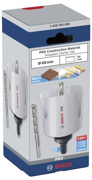 Bosch PRO Konstruktionsmaterial-Gewindestarterset in einer Box mit einer 68-mm-Lochsäge, Bohrer und Zubehör für den universellen Mehrschicht-Einsatz.