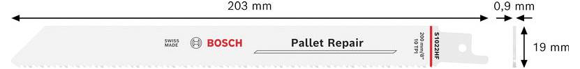 BOSCH Reparatur-Sägeblatt-Illustration mit beschrifteten Abmessungen 203 mm lang, 19 mm hoch und 0,9 mm dick.