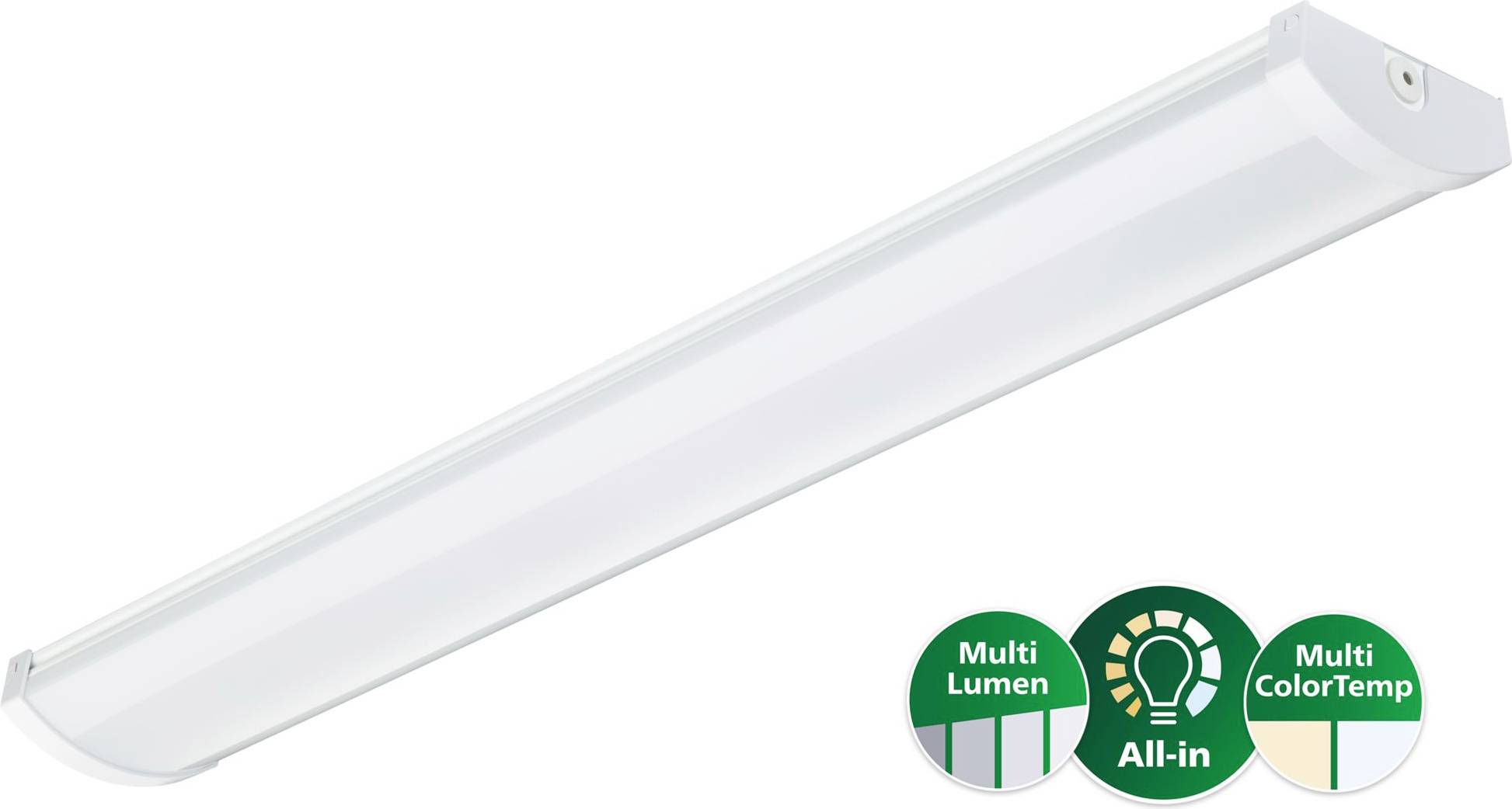 Lange weiße LED-Leuchte mit Beschriftungen „Multi Lumen", „All-in" und „Multi ColorTemp", die auf einstellbare Helligkeit und Farbtemperatur hindeuten.