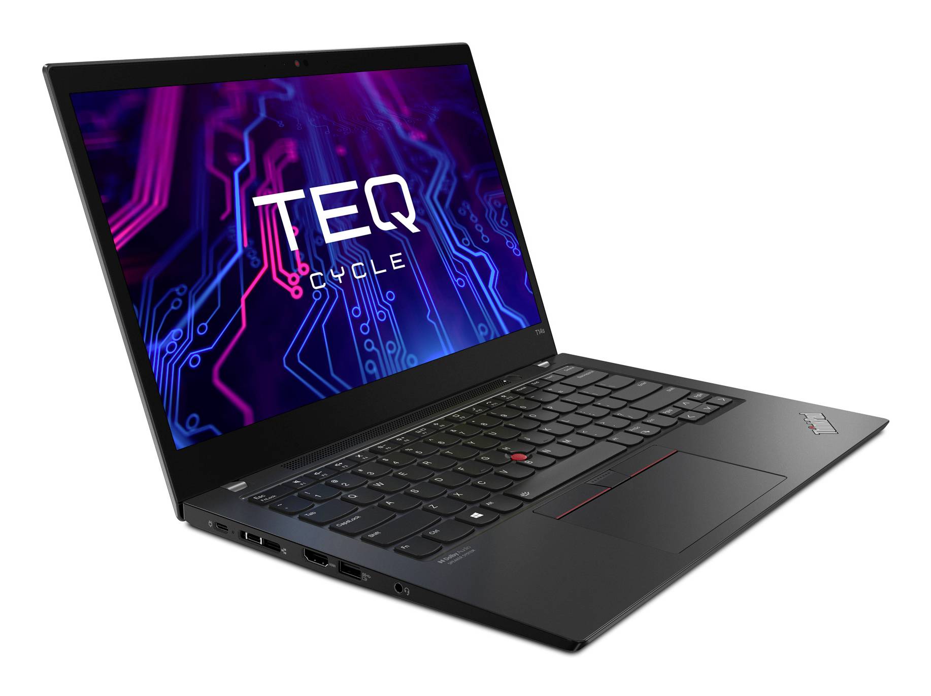 Schwarzer Laptop, der in einem Winkel geöffnet ist und einen Bildschirm mit dem Logo "TEQ cycle" vor einem Neon-Leiterplattenhintergrund zeigt.