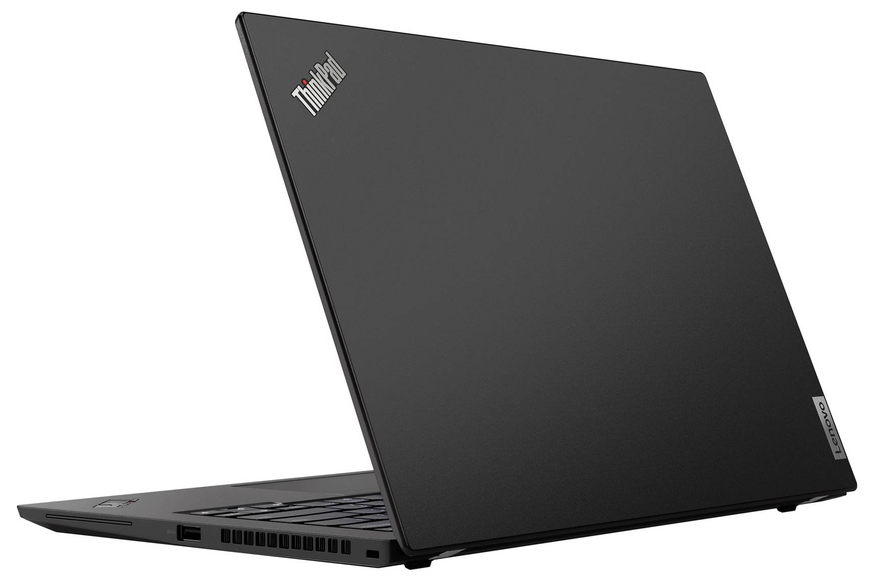 Geschlossener schwarzer Lenovo ThinkPad-Laptop in Seitenansicht auf weißem Hintergrund.