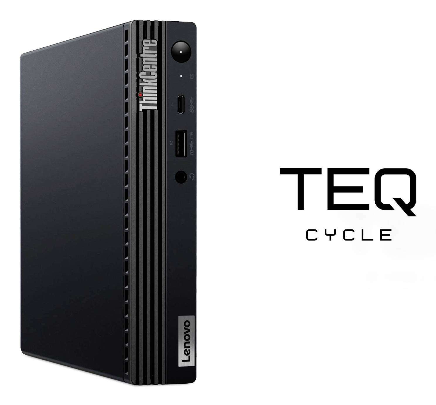 Lenovo ThinkCentre TEQ Cycle Desktop-Mini-PC auf weißem Hintergrund mit vorderen Anschlüssen und Branding dargestellt.