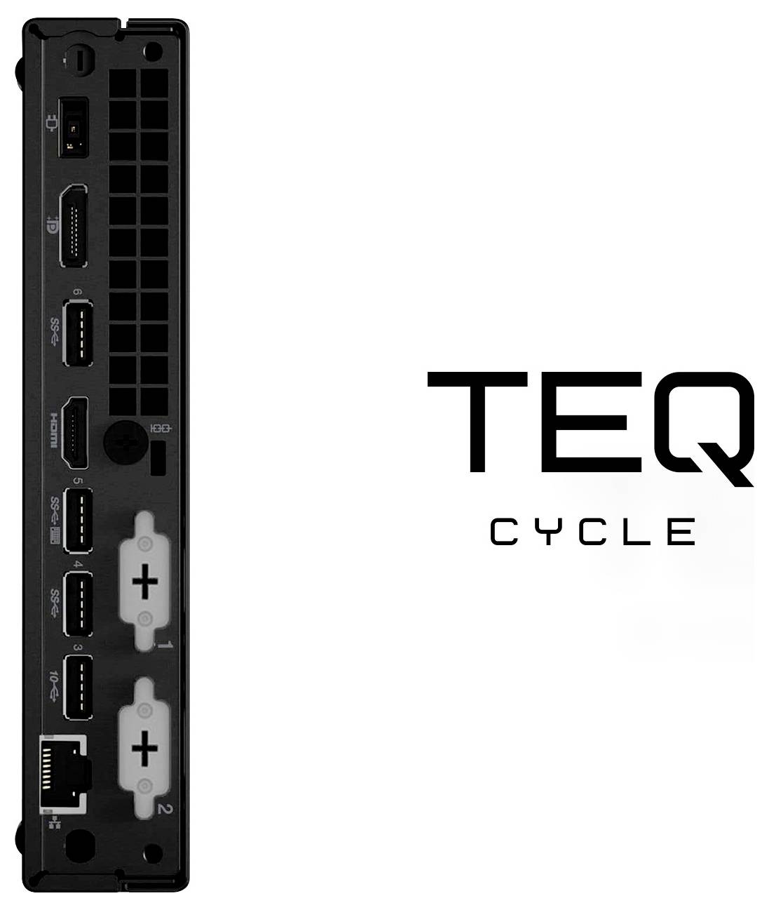 TEQ Cycle-Logo neben einer vertikalen schwarzen Rückseite eines elektronischen Geräts mit mehreren Anschlüssen und Steckverbindern auf weißem Hintergrund.