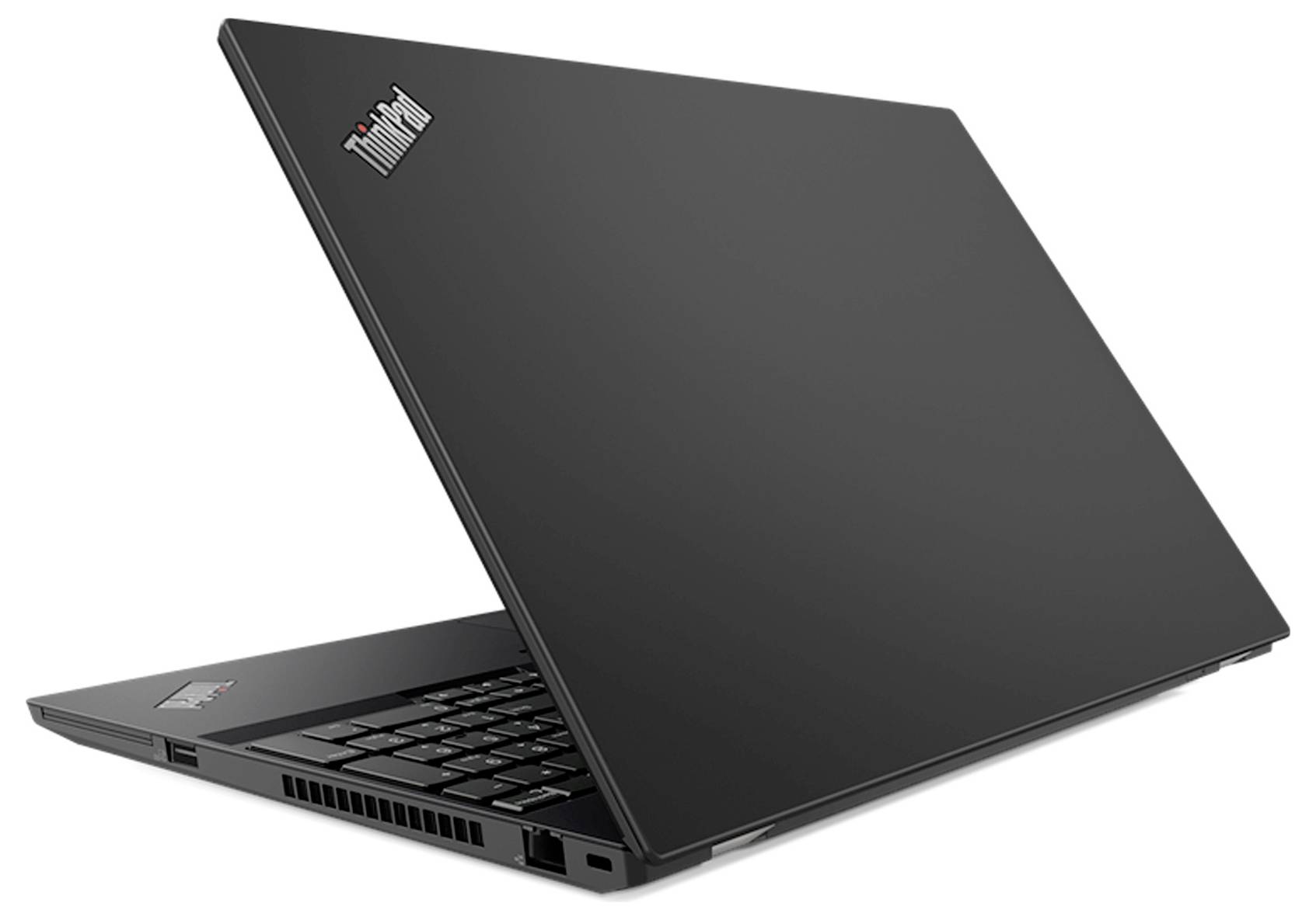 Schwarzer Lenovo ThinkPad-Laptop, teilweise geöffnet auf weißem Hintergrund, im Winkel positioniert, um die Tastatur und das Logo auf dem Deckel zu zeigen.