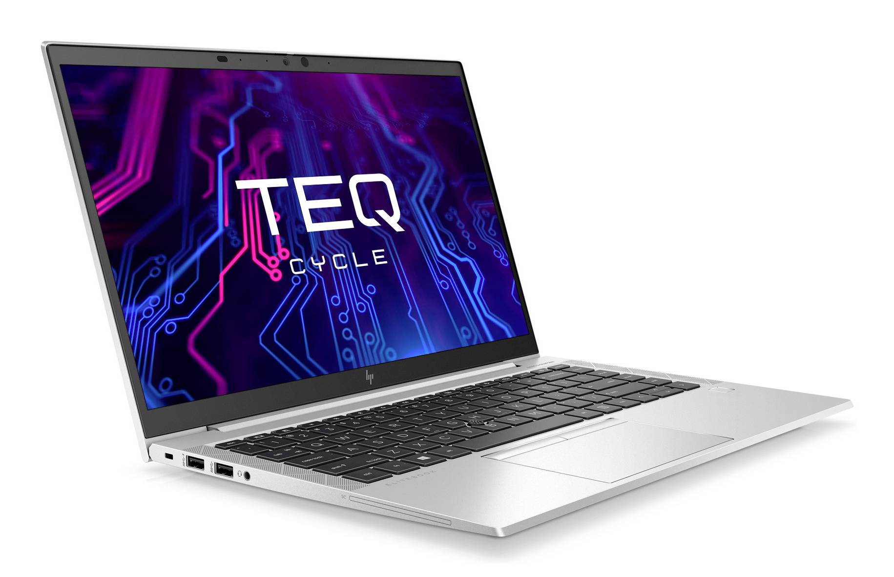 Silberner Laptop in schräger Öffnungsposition mit "TEQ" und "CYCL" auf einem neonartigen Leiterplatten-Design-Bildschirm