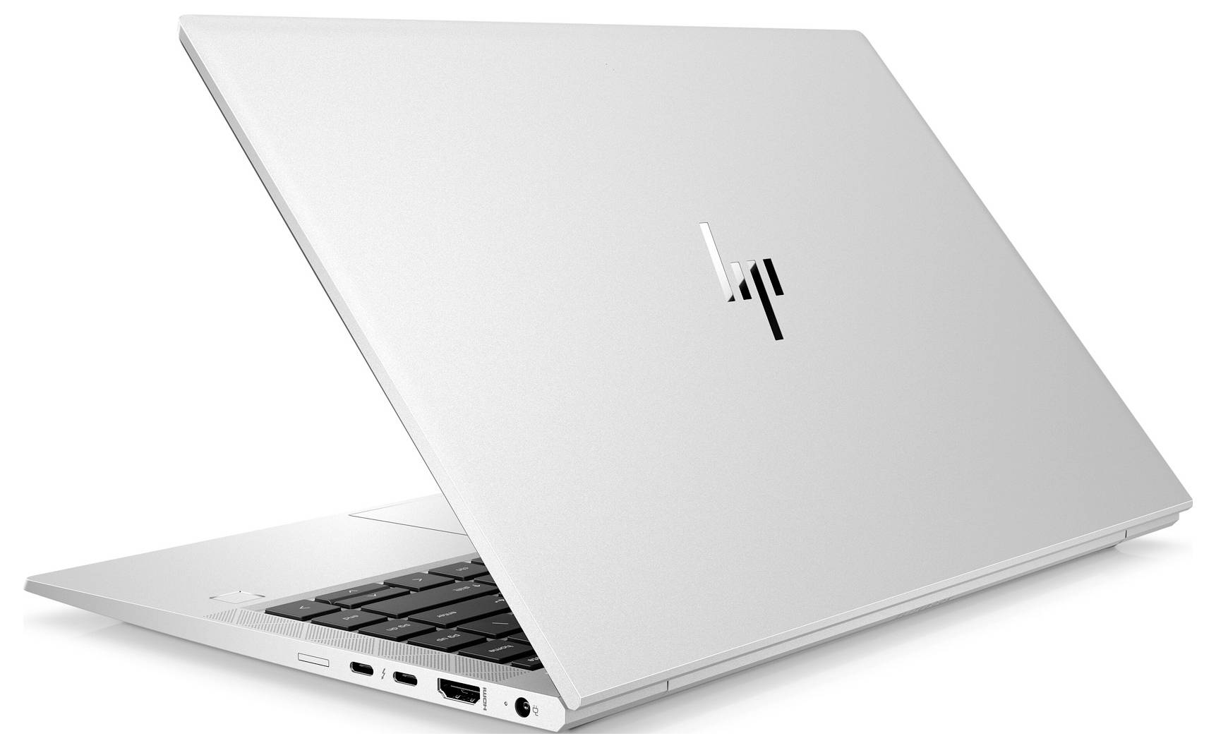Silberner HP-Laptop teilweise geöffnet, von der hinteren linken Seite auf weißem Hintergrund betrachtet.