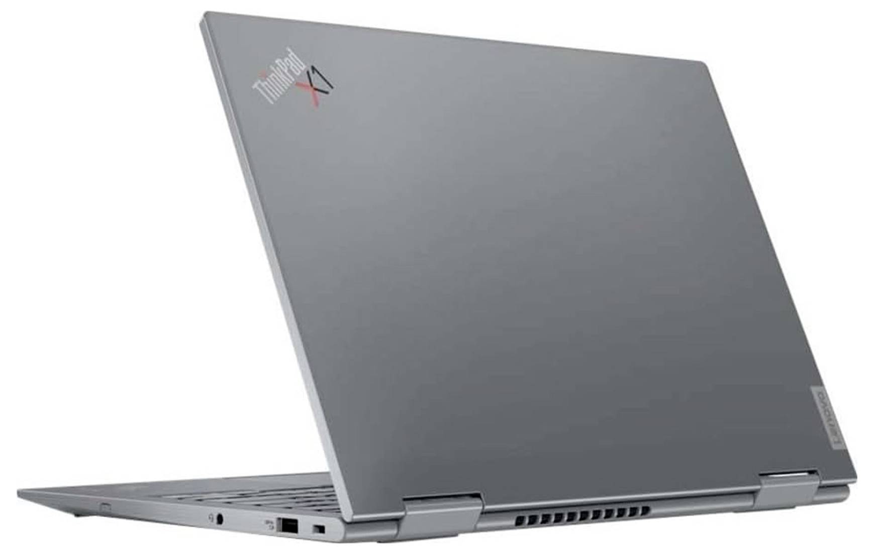 Grauer ThinkPad-Laptop geschlossen und angewinkelt geöffnet dargestellt, mit rotem TrackPoint-Logo auf dem Deckel.