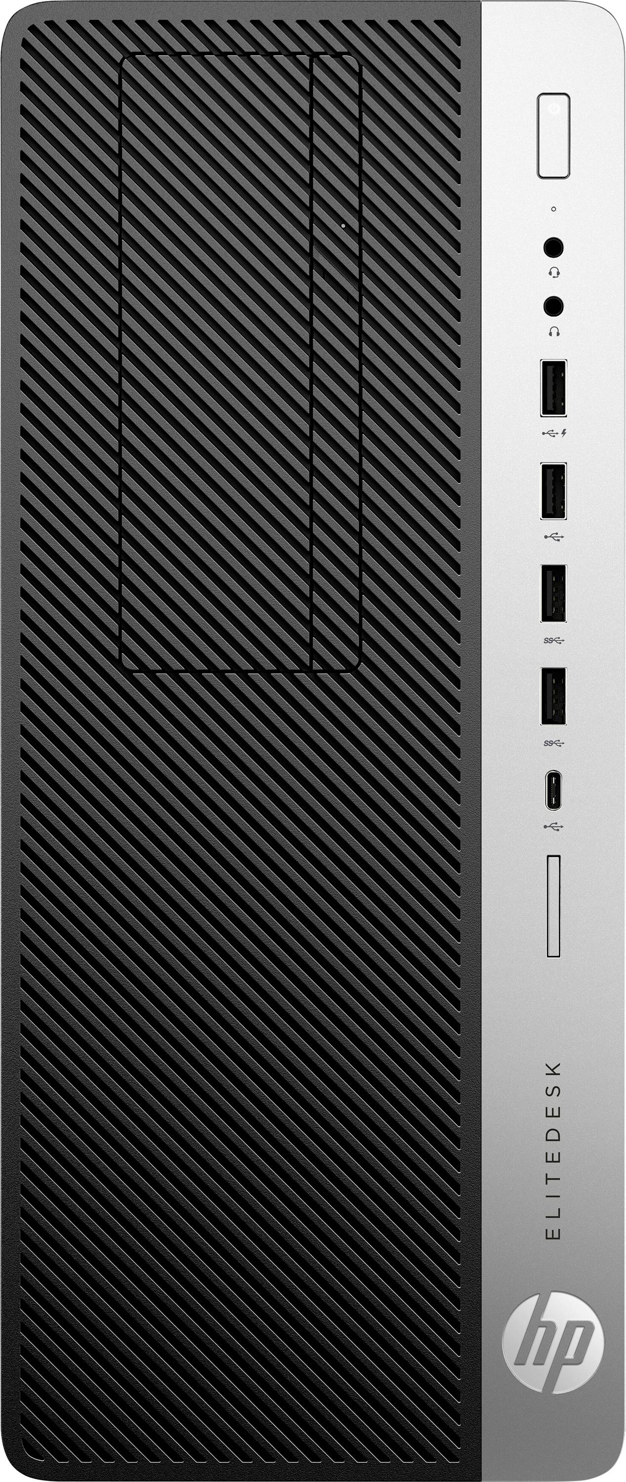 Frontansicht eines HP EliteDesk Small-Desktop-Towers mit schwarzem Lüftungsgitter, silbernem Seitenstreifen, vorderer Ein-/Ausschalter, Anschlüssen und HP-Logo.