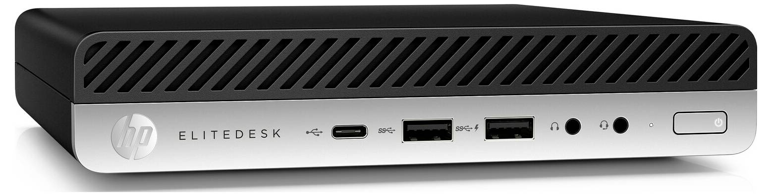 HP EliteDesk Desktop-Mini-Computer, von vorne gezeigt, mit Ein-/Ausschalter, USB-C, USB-A und Audioanschlüssen auf einer silbernen Frontblende.