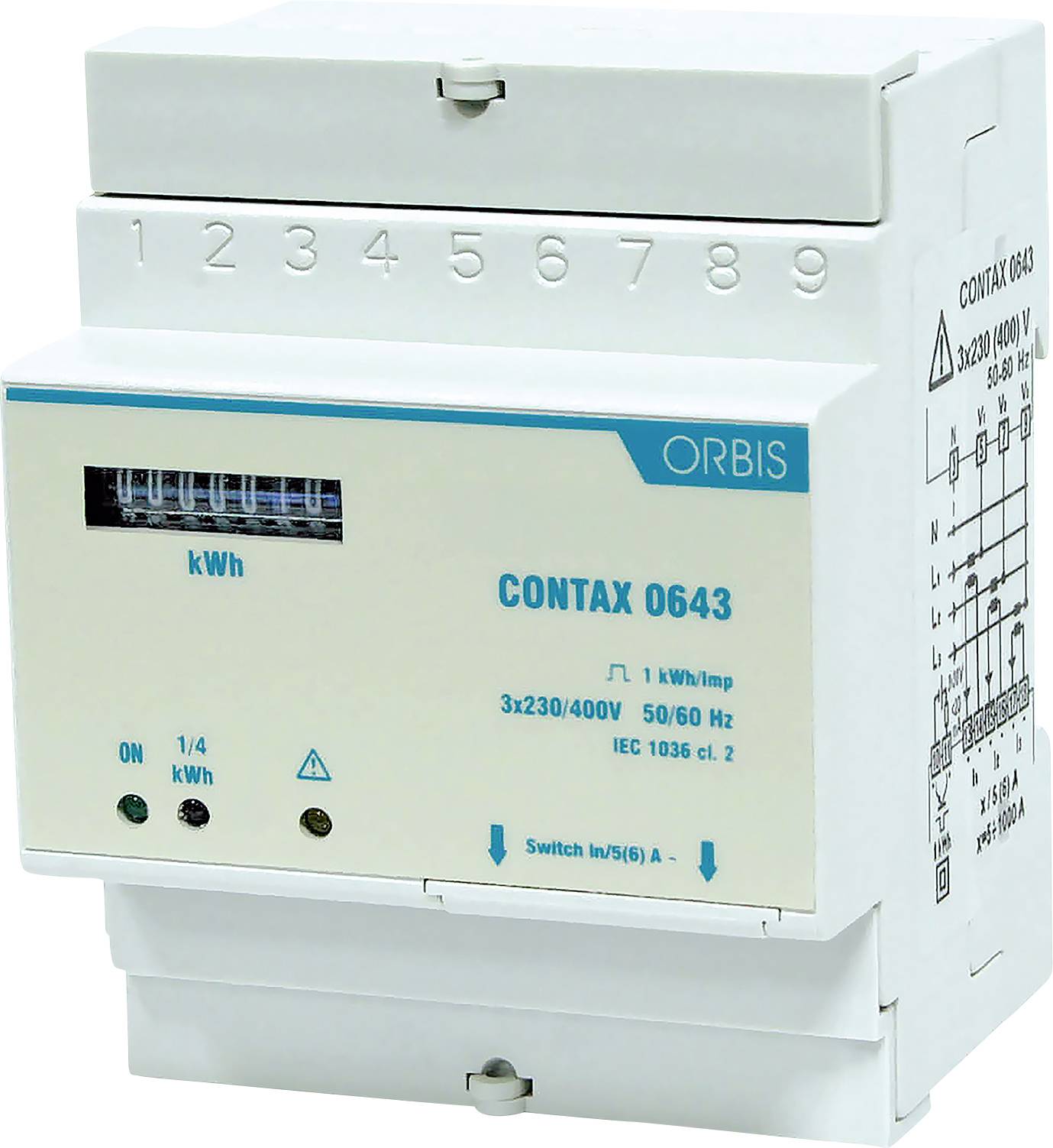 Weißes ORBIS CONTAX 0643 Stromzähler mit nummerierter Anzeige und Schaltplan auf der Seite.
