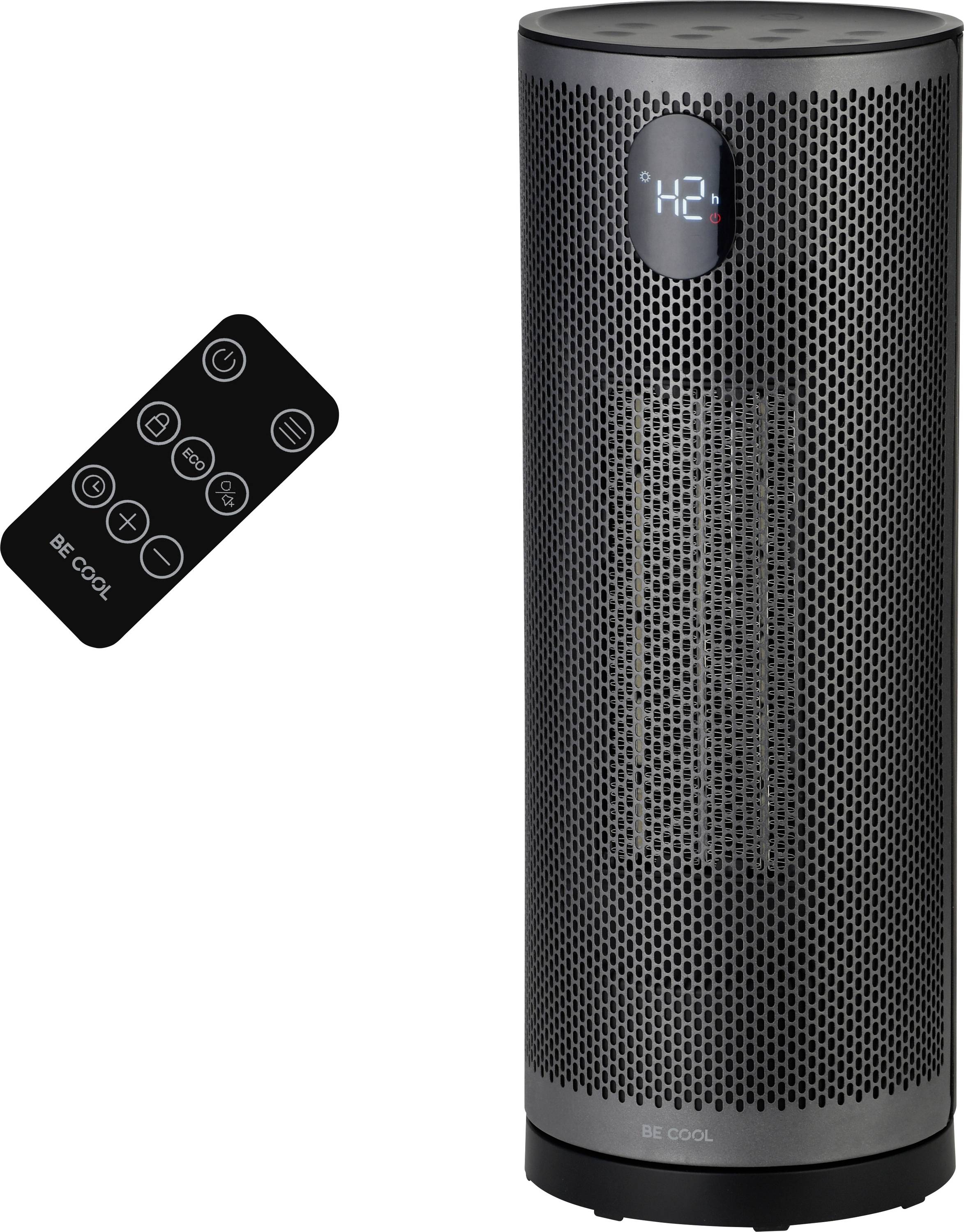 Schwarzer zylindrischer Be Cool Turm-Heizer oder Ventilator mit digitaler "H2O"-Anzeige und daneben abgebildeter Fernbedienung.