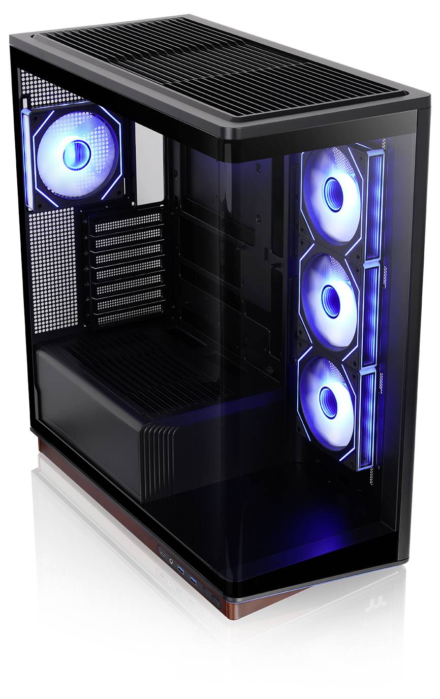 Ein schwarzes Desktop-PC-Gehäuse mit einem transparenten Seitenpanel und blau beleuchteten Kühlüftern im Inneren.