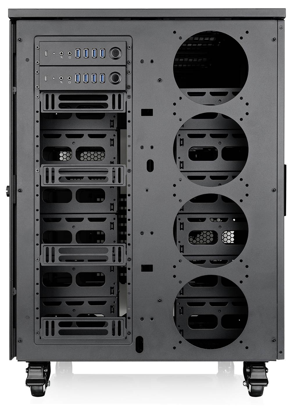Schwarzes Computer-Gehäuse-Tower mit vorderen Laufwerkschächten, USB-Anschlüssen und vier großen kreisförmigen Kühlungsausschnitten.