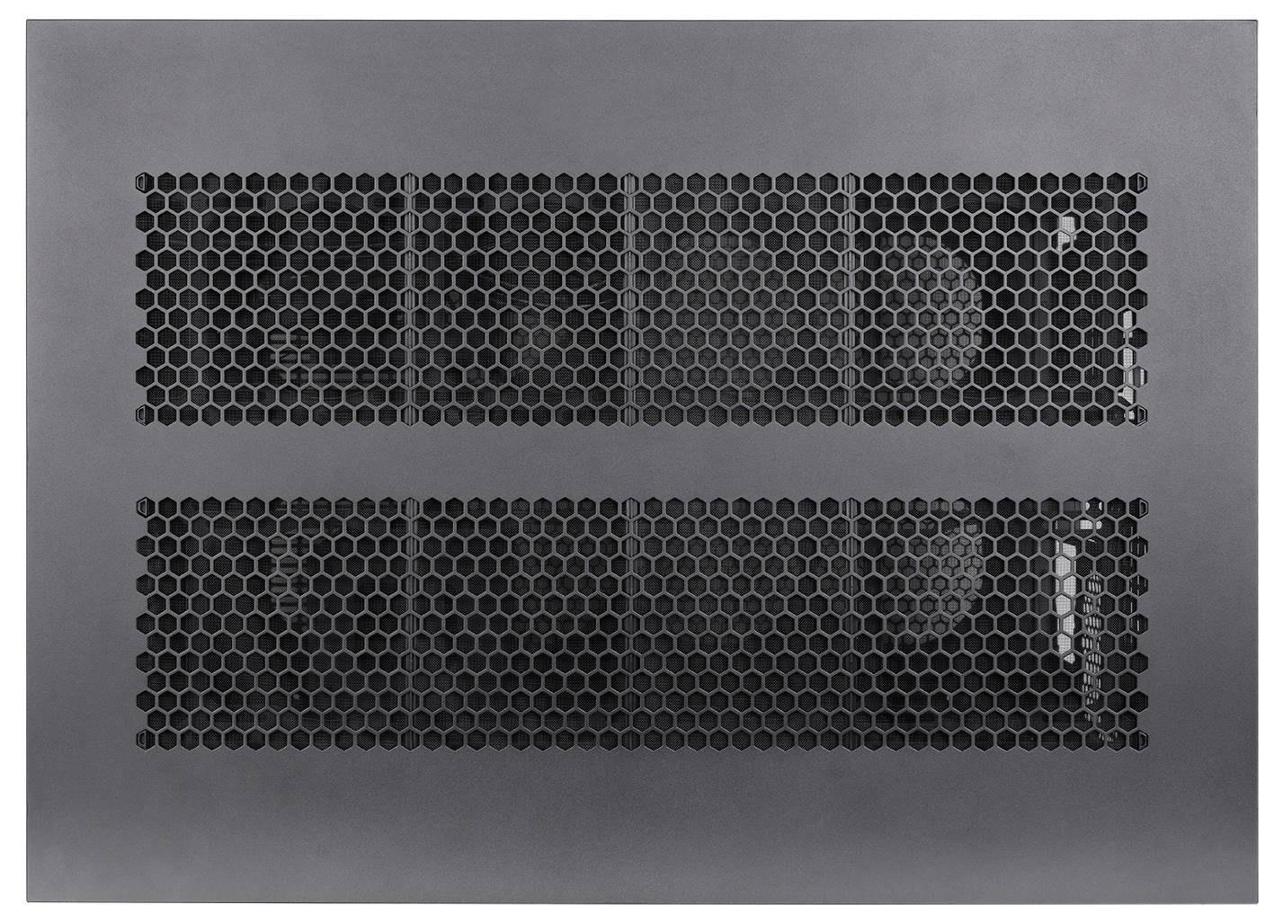 Vorderansicht eines grauen Computergehäusepanels mit zwei langen schwarzen sechseckigen Lüftungsgittern.