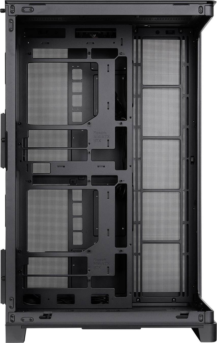 Frontansicht des leeren Innenraums eines schwarzen Computer-Gehäuses, das Laufwerkschächte, Ausschnitte für die Hauptplatine und Netzseiten-Paneele zeigt.